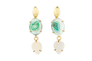 Green Agate and White Druzy Cocktail Earrings