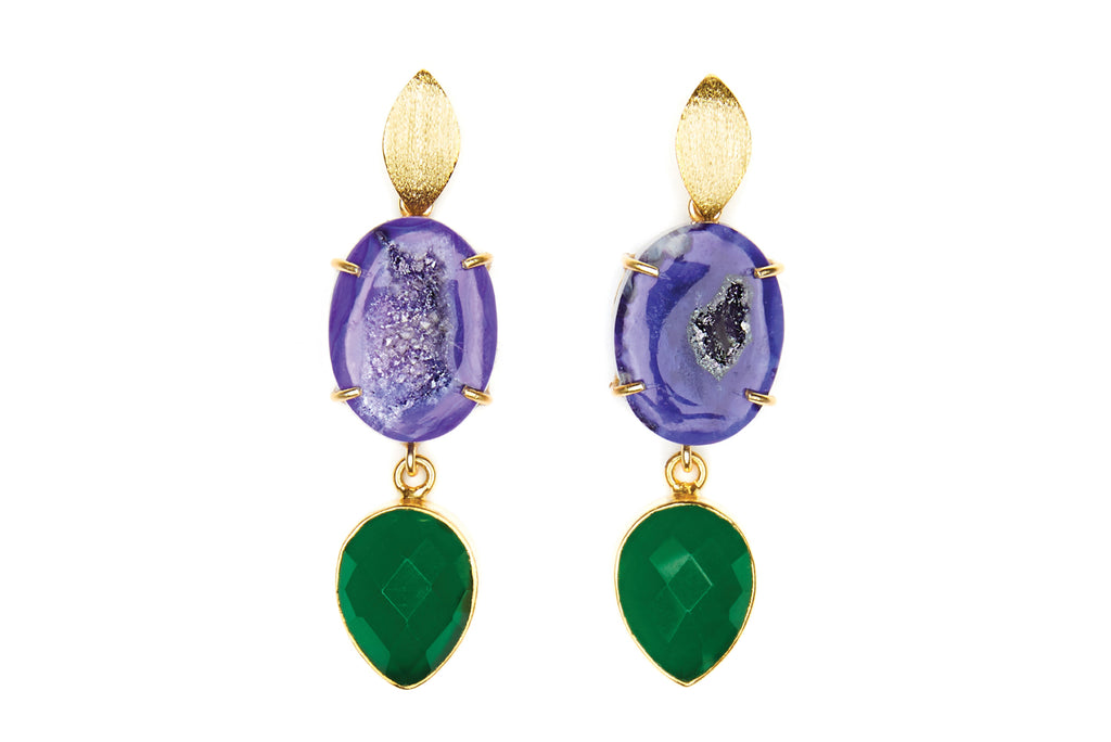 Purple Agate and Green  Onyx Cocktail Earrings