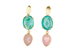 Green Agate and Pink Chalcedony Cocktail Earrings