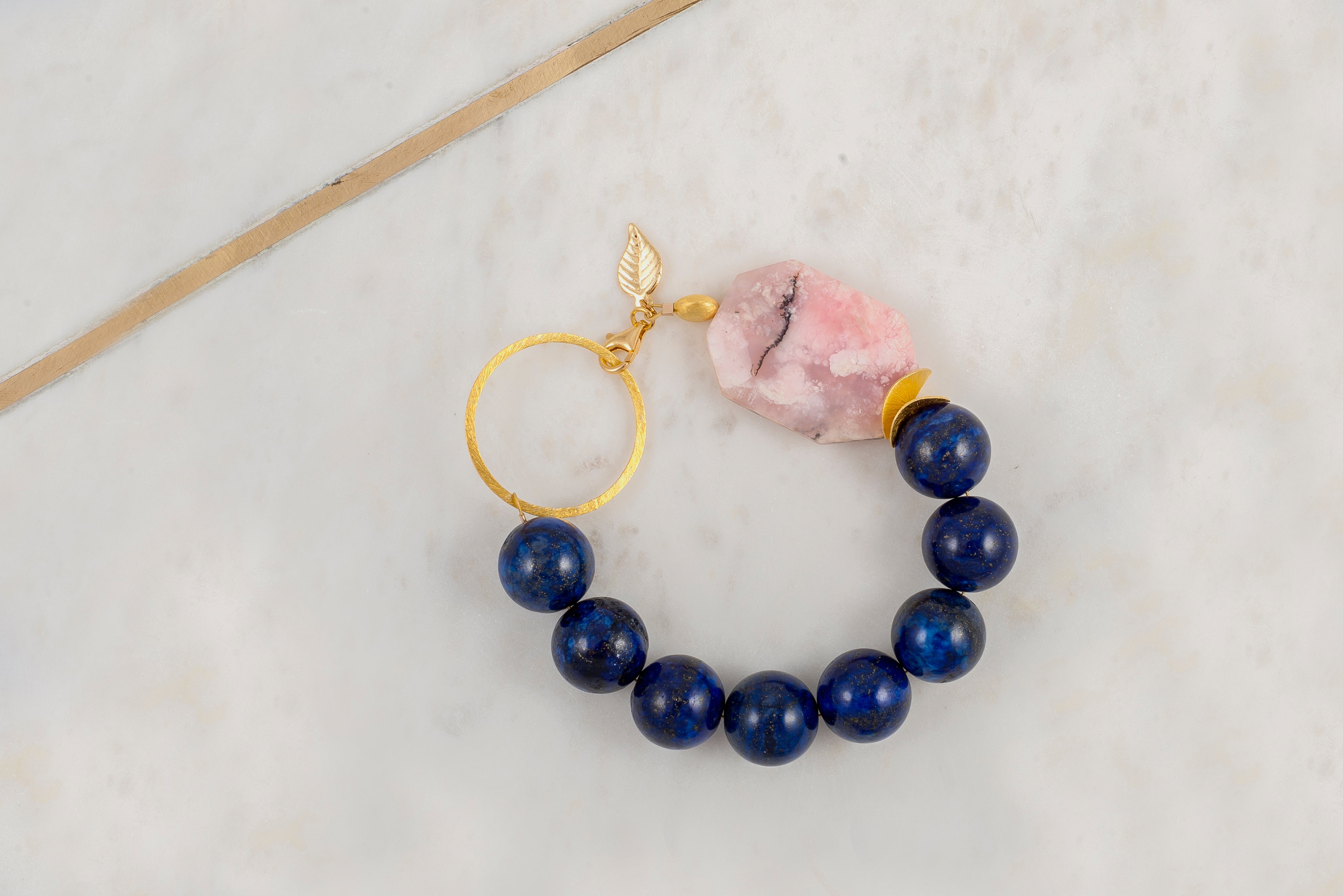 Peruvian Pink Opal and Lapis Lazuli Vermeil Bracelet