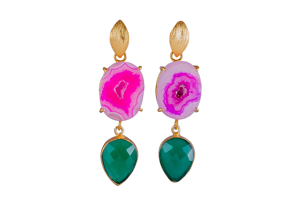 Pink Agate and Green Onyx Cocktail Earrings